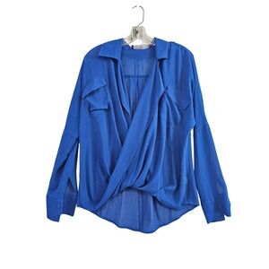 Akira Chicago Blouse Womens S Blue Solid Draped Surplice High Low Long Sleeve